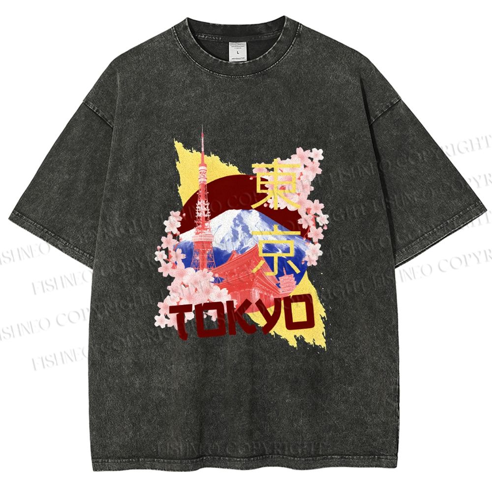 Unisex Japan Tokyo Printed Washed Tee