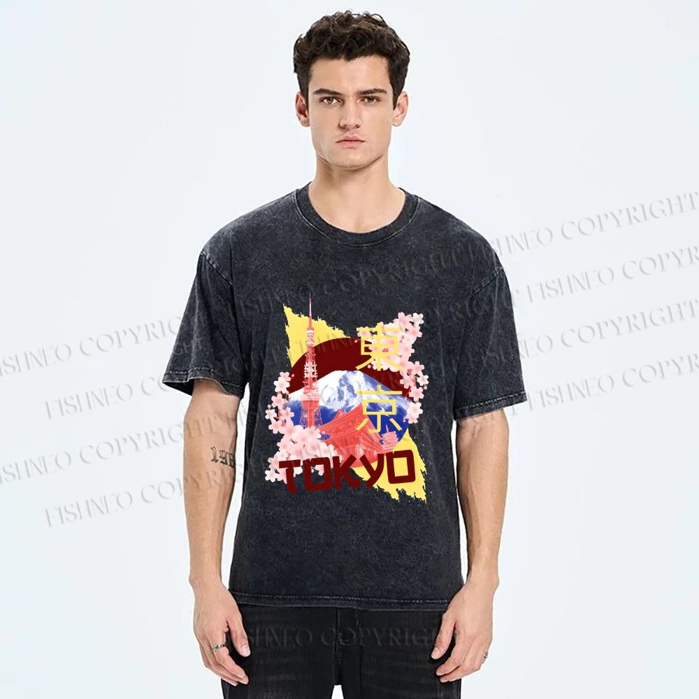 Unisex Japan Tokyo Printed Washed Tee