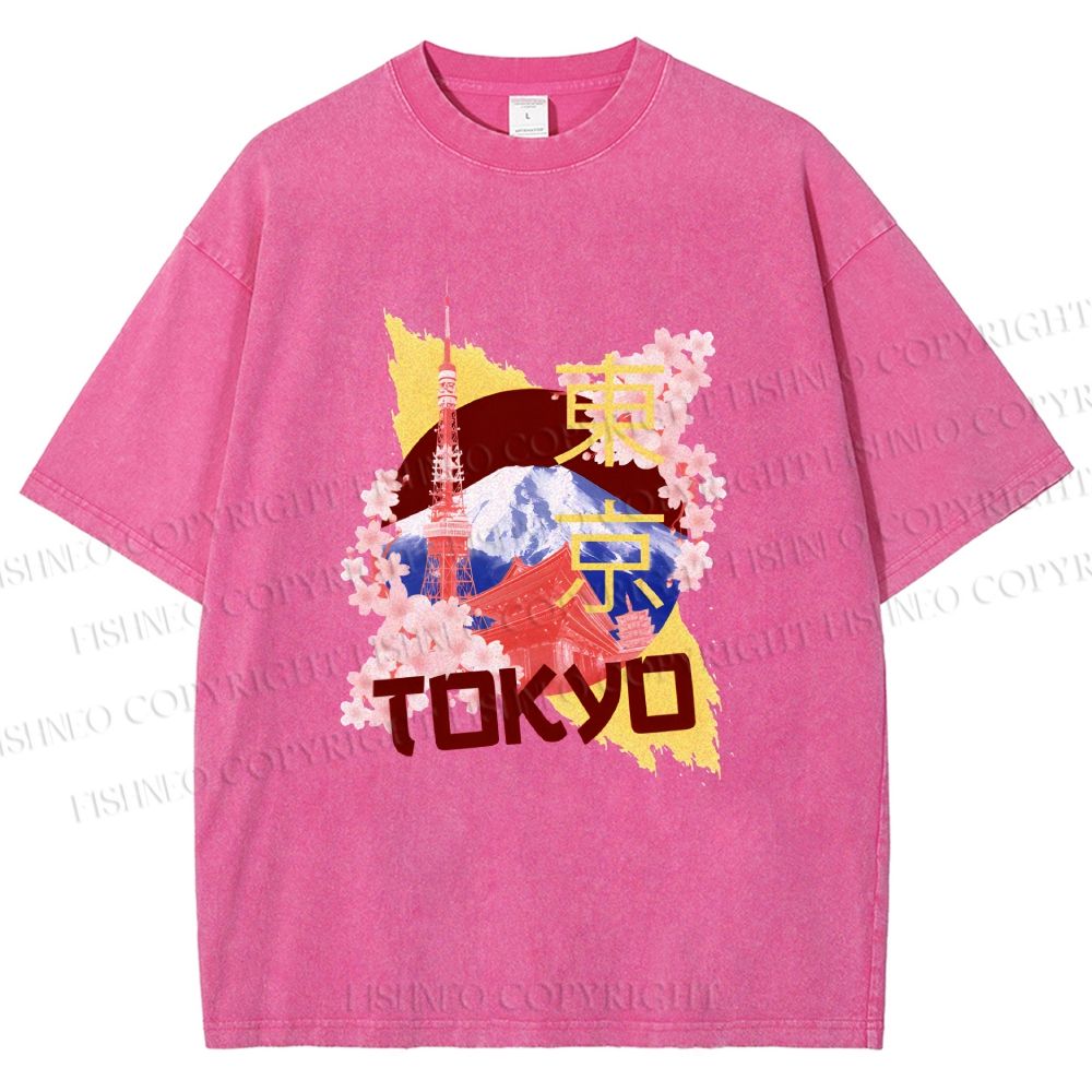 Unisex Japan Tokyo Printed Washed Tee