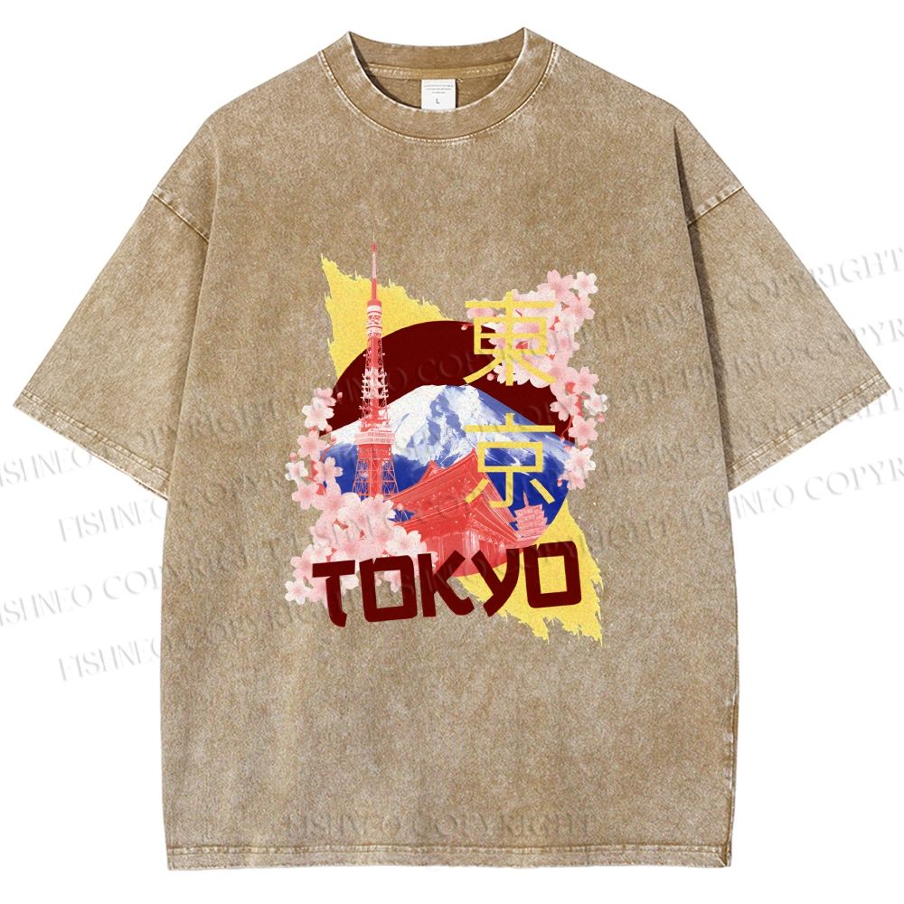 Unisex Japan Tokyo Printed Washed Tee