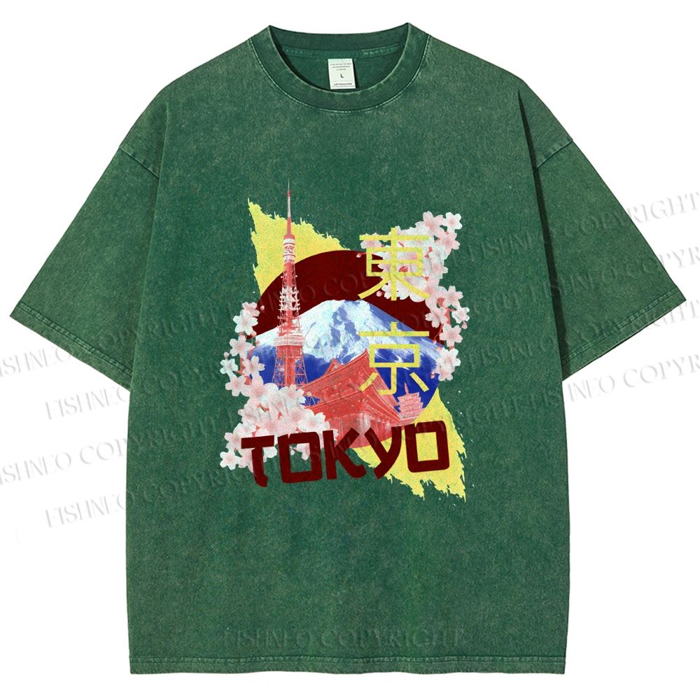 Unisex Japan Tokyo Printed Washed Tee