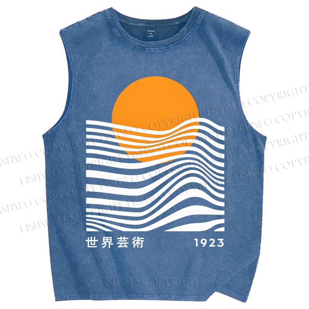 Unisex Geometric Waves Printed Washed Tank Top