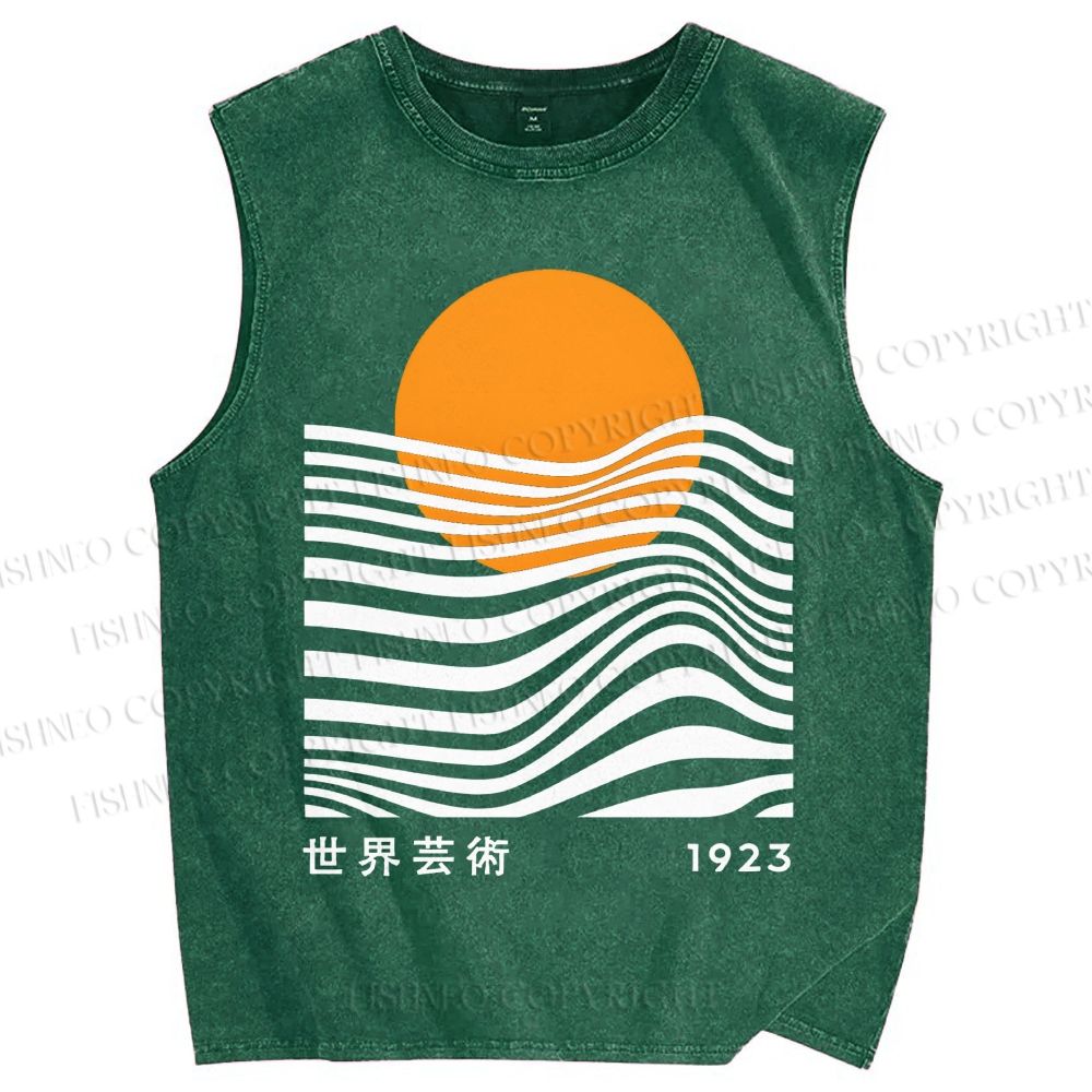 Unisex Geometric Waves Printed Washed Tank Top