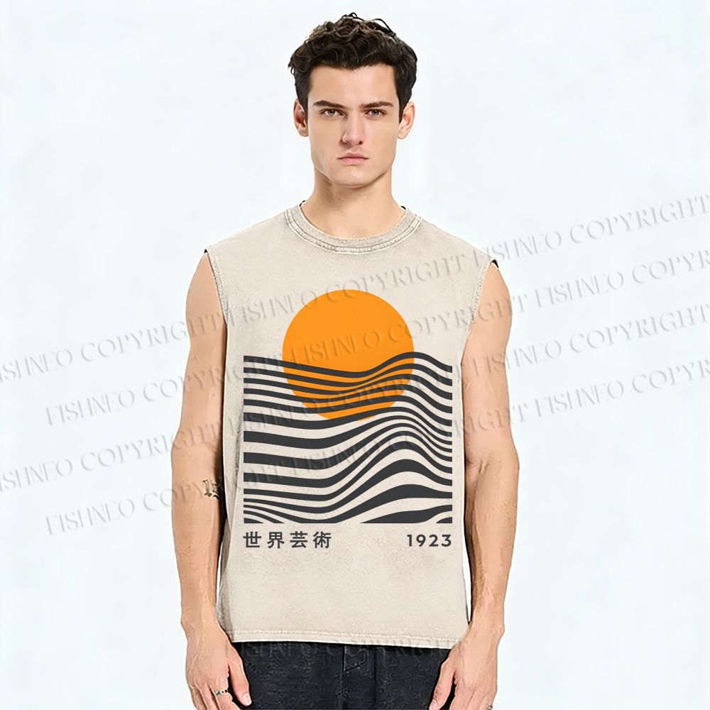 Unisex Geometric Waves Printed Washed Tank Top
