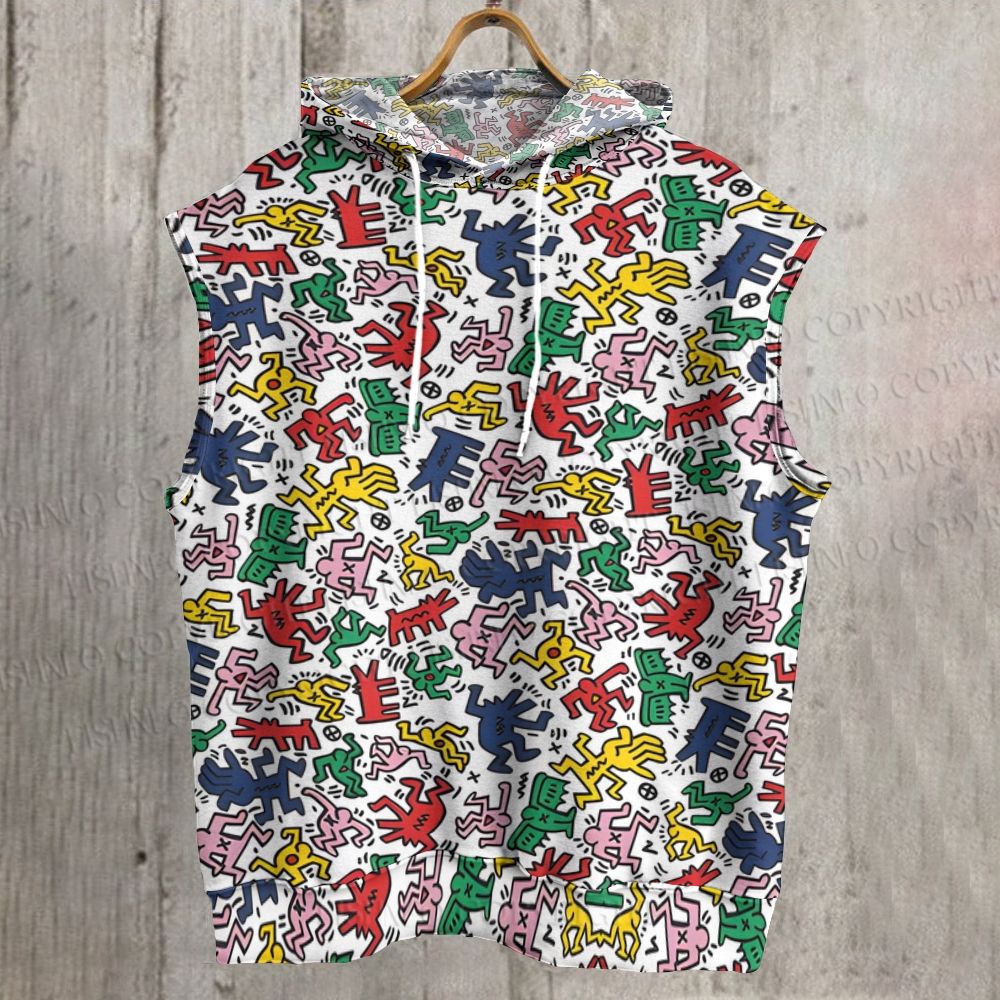 Unisex Keith Haring Dancing Figures Printed Sleeveless Hoodie