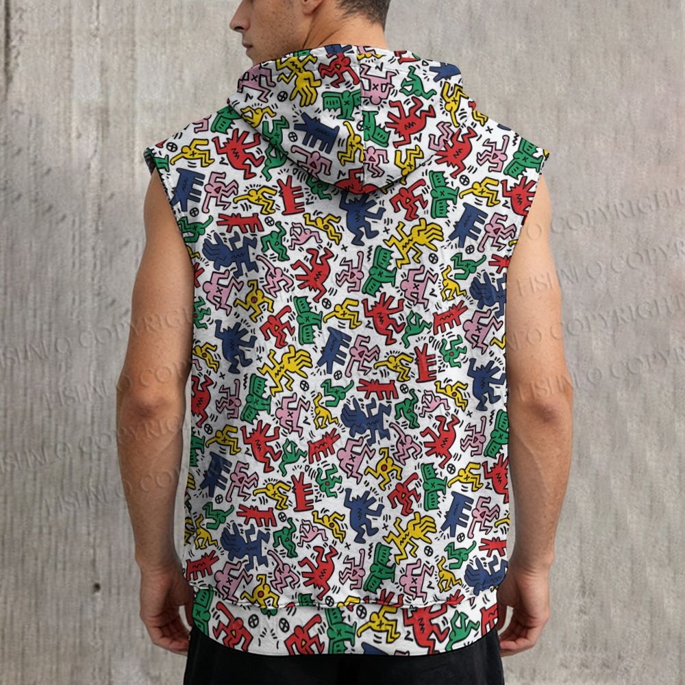 Unisex Keith Haring Dancing Figures Printed Sleeveless Hoodie
