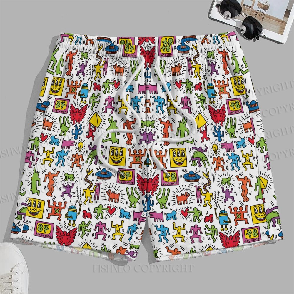 Men's Keith Haring Dancing Figures Printed Casual Beach Plus Size Shorts