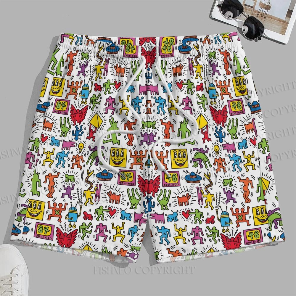 Men's Keith Haring Dancing Figures Printed Casual Beach Plus Size Shorts