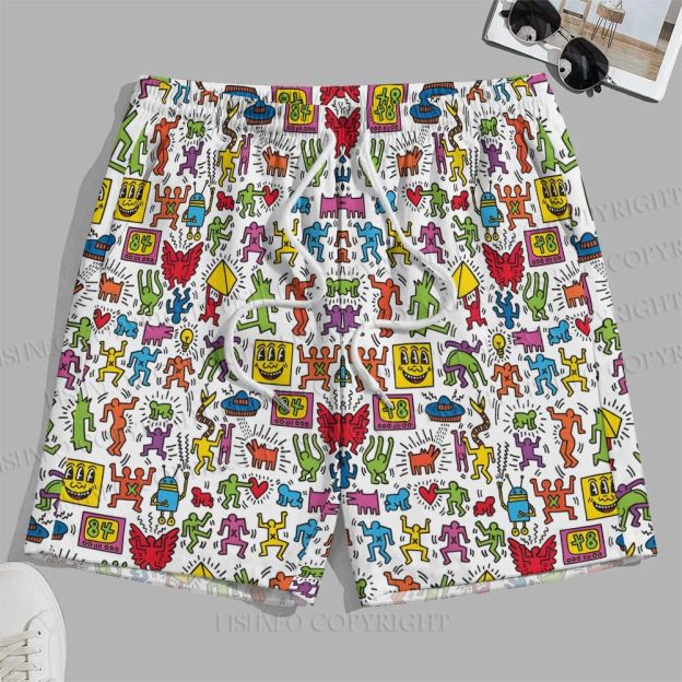 Men's Keith Haring Dancing Figures Printed Casual Beach Plus Size Shorts