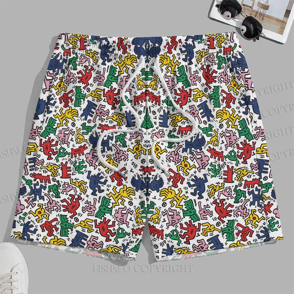 Men's Keith Haring Dancing Figures Printed Casual Beach Plus Size Shorts