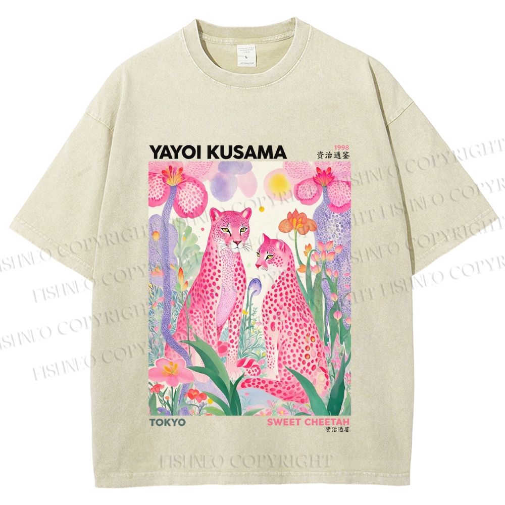 Unisex Yayoi Kusama Pink Cheetah Printed Washed Tee