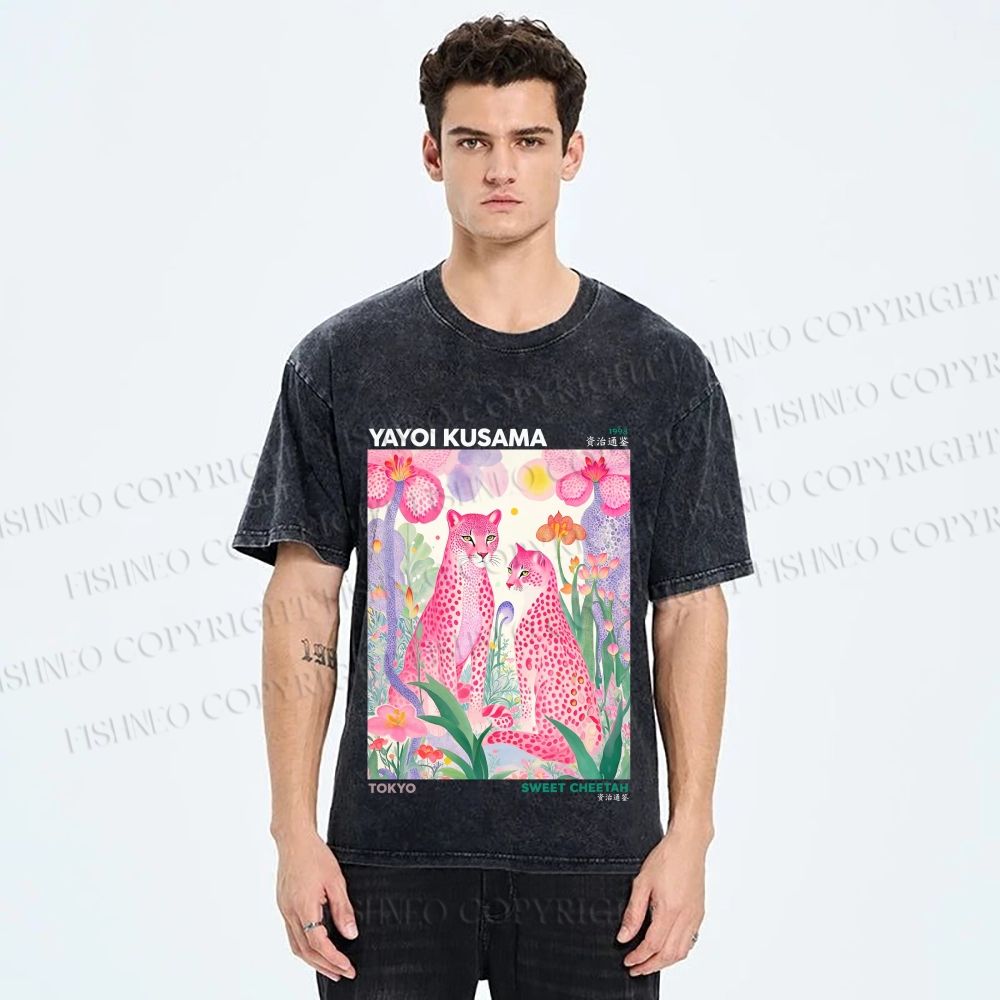 Unisex Yayoi Kusama Pink Cheetah Printed Washed Tee