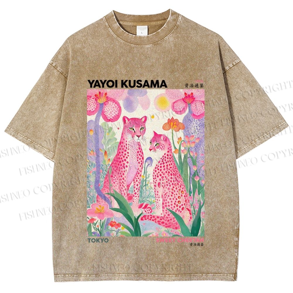 Unisex Yayoi Kusama Pink Cheetah Printed Washed Tee
