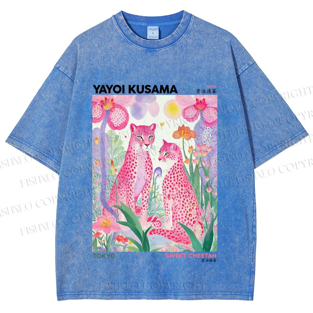 Unisex Yayoi Kusama Pink Cheetah Printed Washed Tee