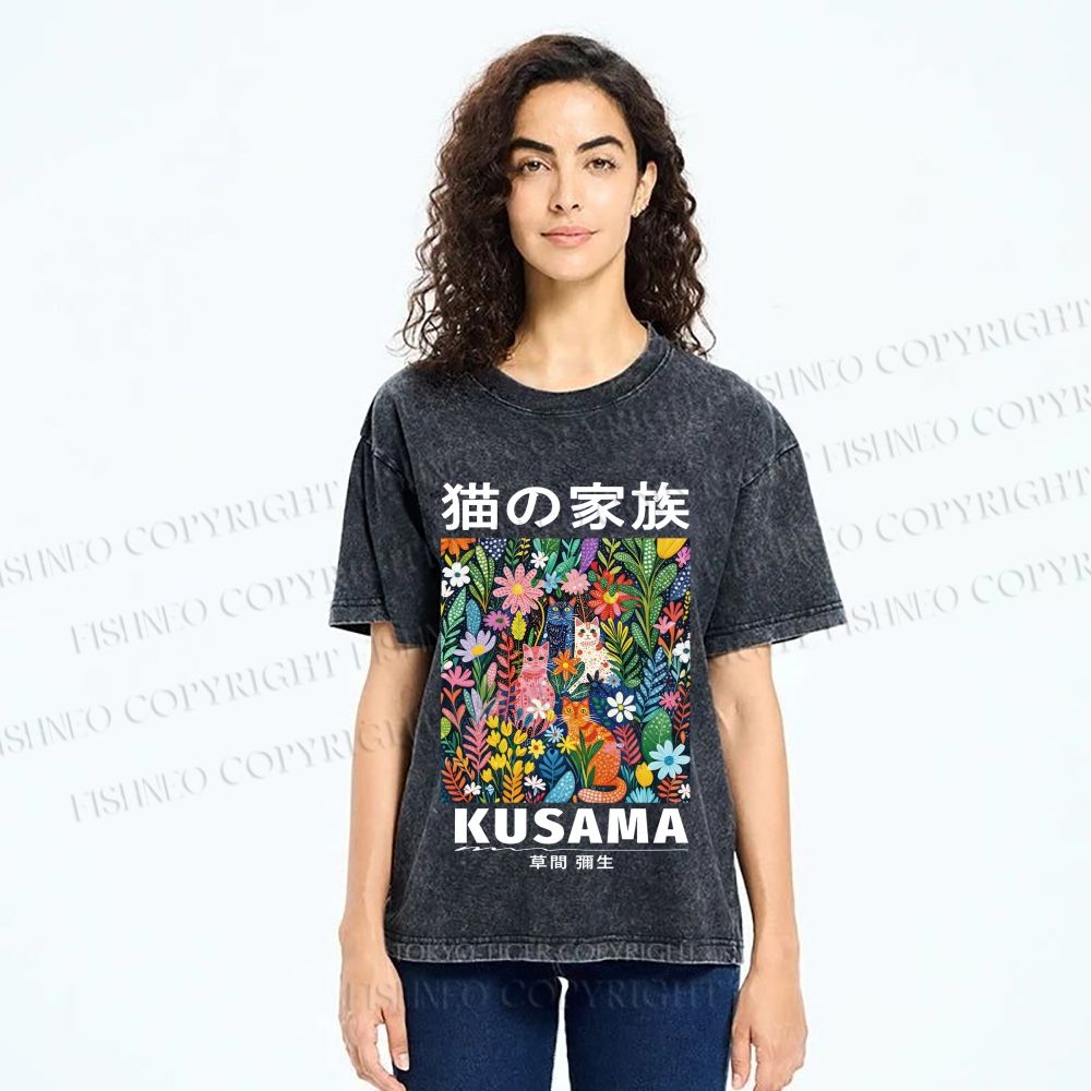 Unisex Yayoi Kusama Polka Dot Cat Printed Washed Tee