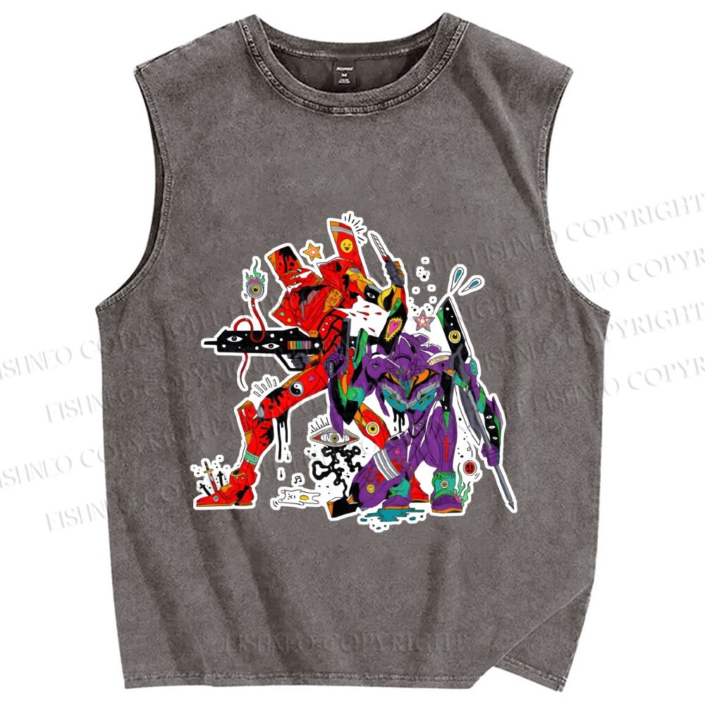 Unisex Neon Genesis Evangelion Unit 01 Unit 02 Printed Washed Tank Top