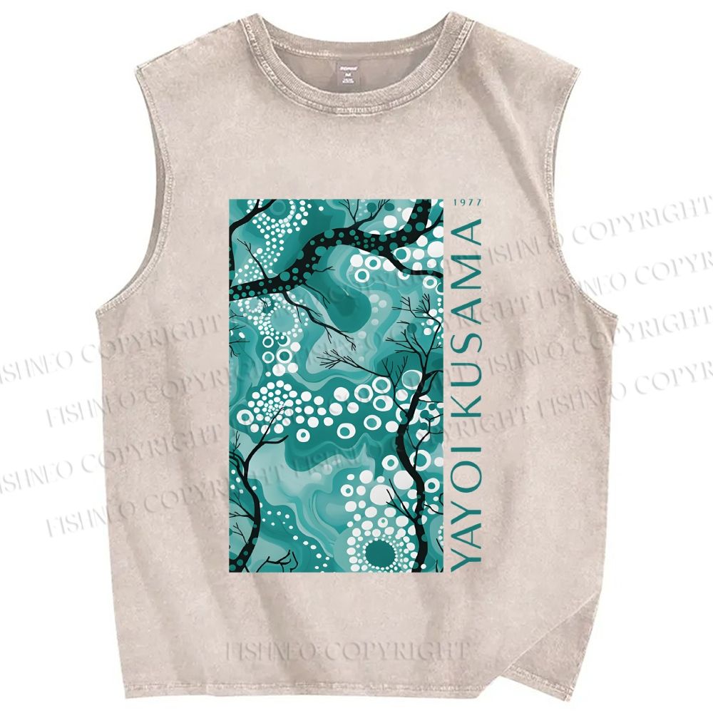 Unisex Yayoi Kusama Teal Wood Printed Washed Tank Top
