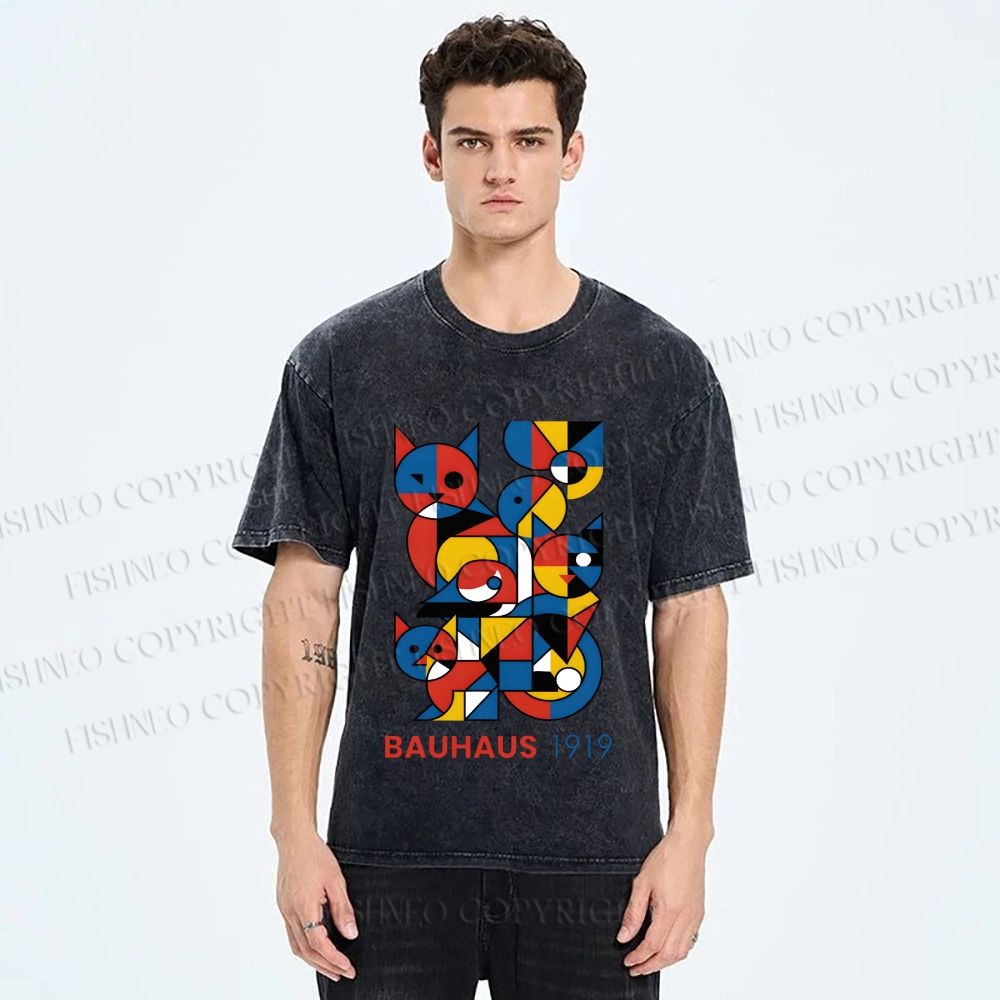 Unisex Bauhaus Cat Mondrian Printed Washed Tee