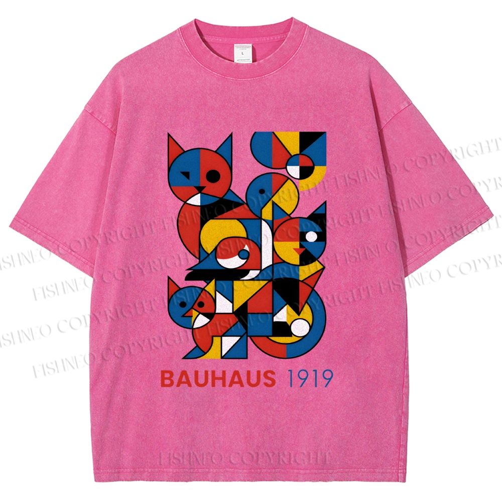 Unisex Bauhaus Cat Mondrian Printed Washed Tee