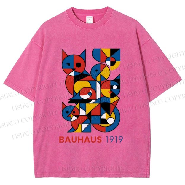 Unisex Bauhaus Cat Mondrian Printed Washed Tee