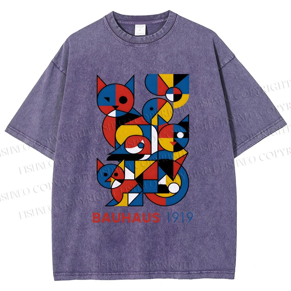 Unisex Bauhaus Cat Mondrian Printed Washed Tee