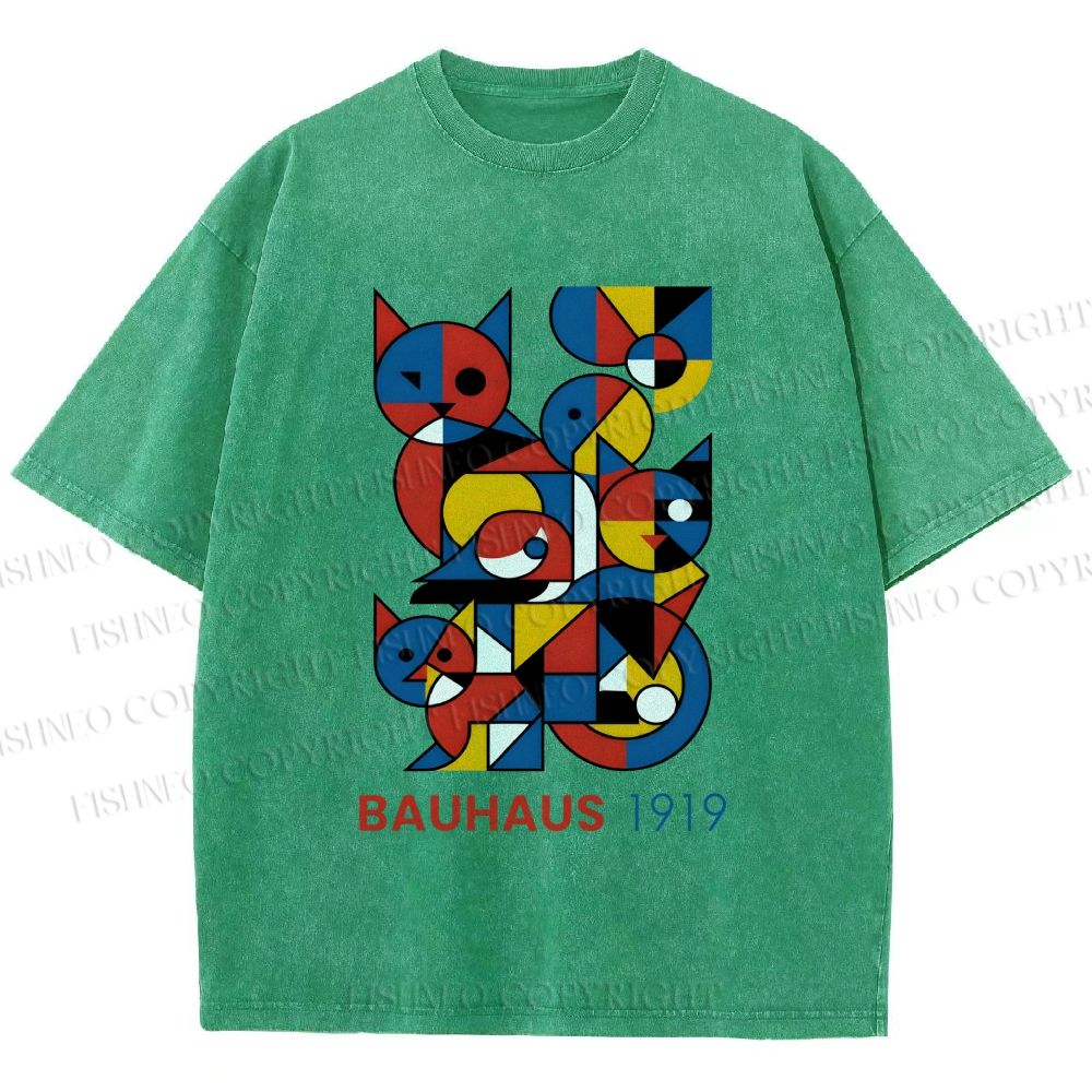 Unisex Bauhaus Cat Mondrian Printed Washed Tee