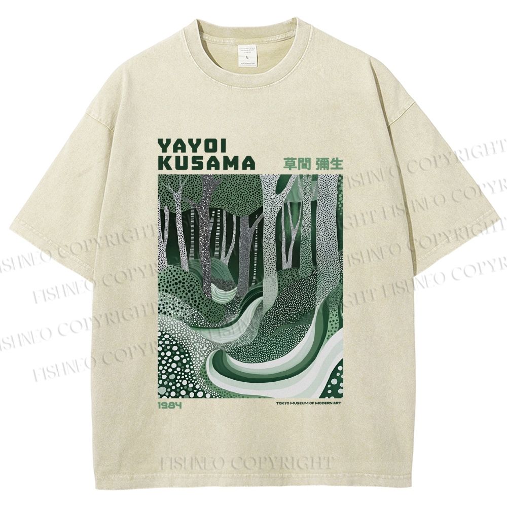 Unisex Yayoi Kusama Green Wood Printed Washed Tee