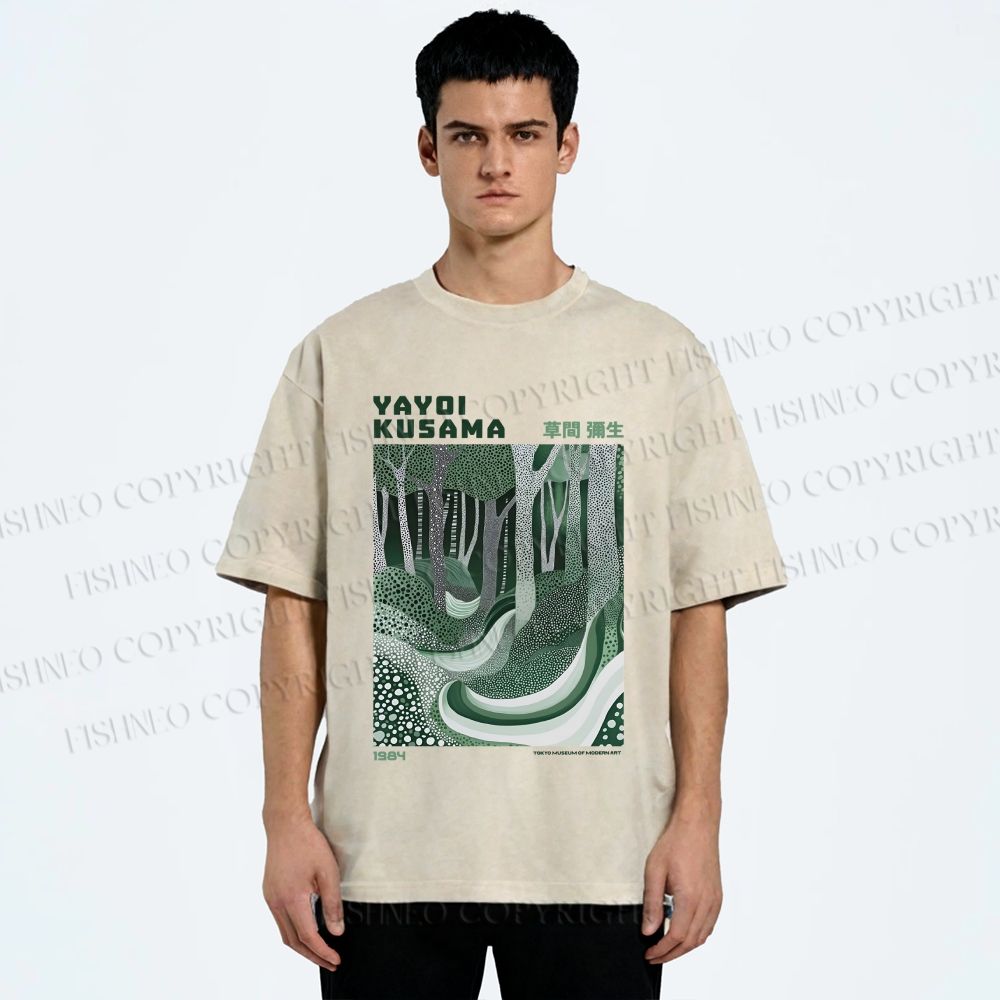 Unisex Yayoi Kusama Green Wood Printed Washed Tee