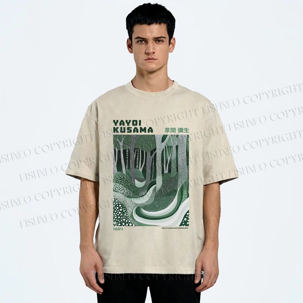 Unisex Yayoi Kusama Green Wood Printed Washed Tee