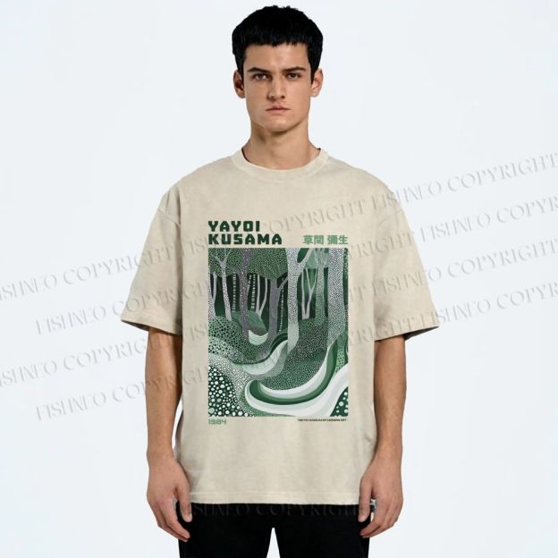 Unisex Yayoi Kusama Green Wood Printed Washed Tee