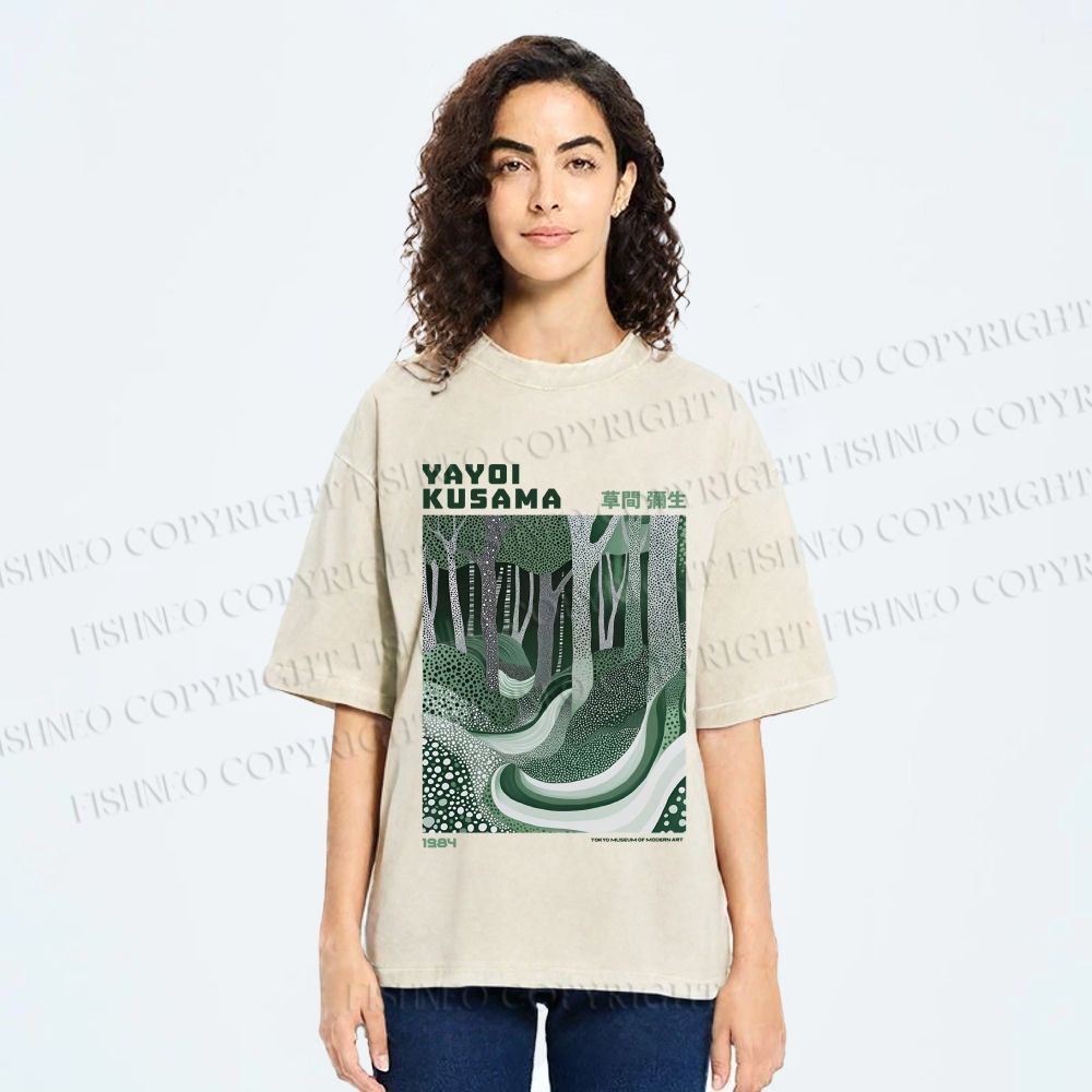 Unisex Yayoi Kusama Green Wood Printed Washed Tee