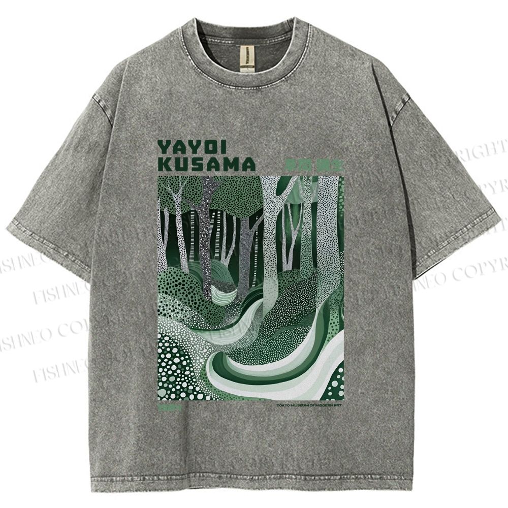 Unisex Yayoi Kusama Green Wood Printed Washed Tee