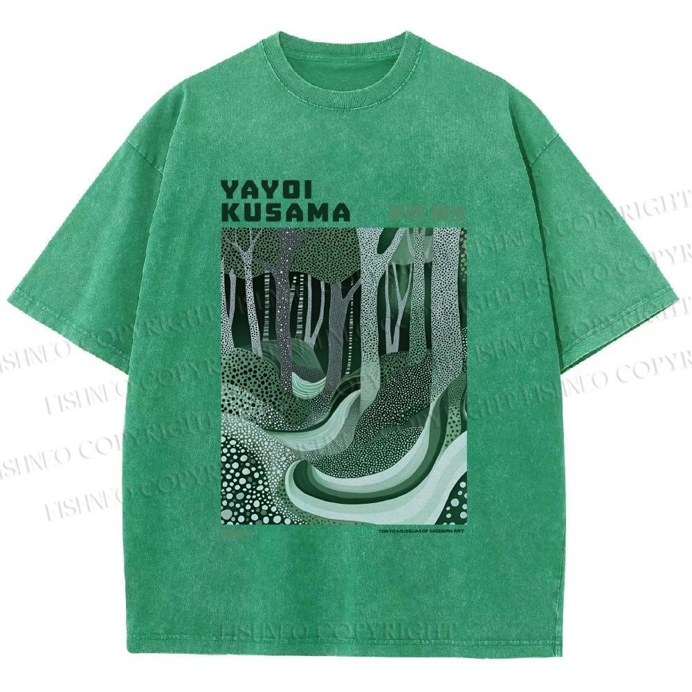 Unisex Yayoi Kusama Green Wood Printed Washed Tee