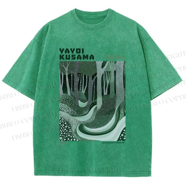 Unisex Yayoi Kusama Green Wood Printed Washed Tee