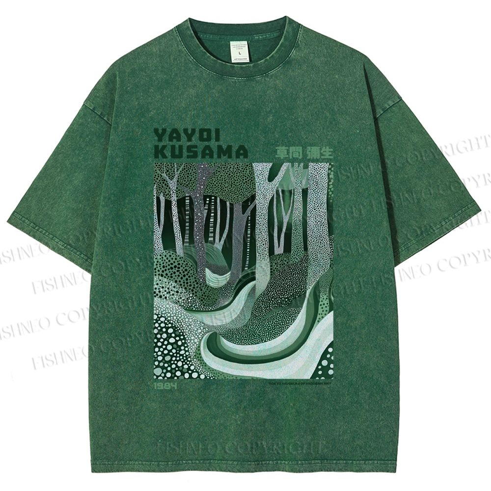 Unisex Yayoi Kusama Green Wood Printed Washed Tee