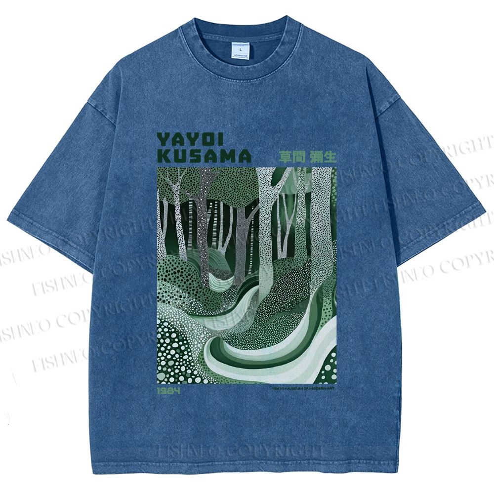 Unisex Yayoi Kusama Green Wood Printed Washed Tee
