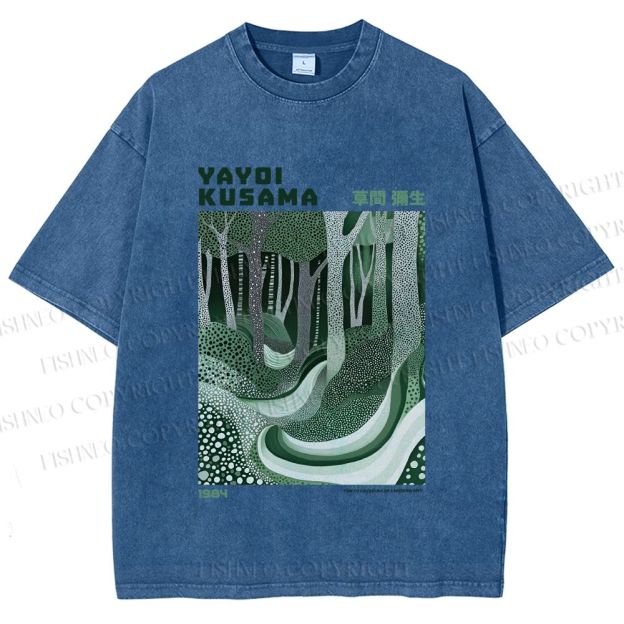 Unisex Yayoi Kusama Green Wood Printed Washed Tee