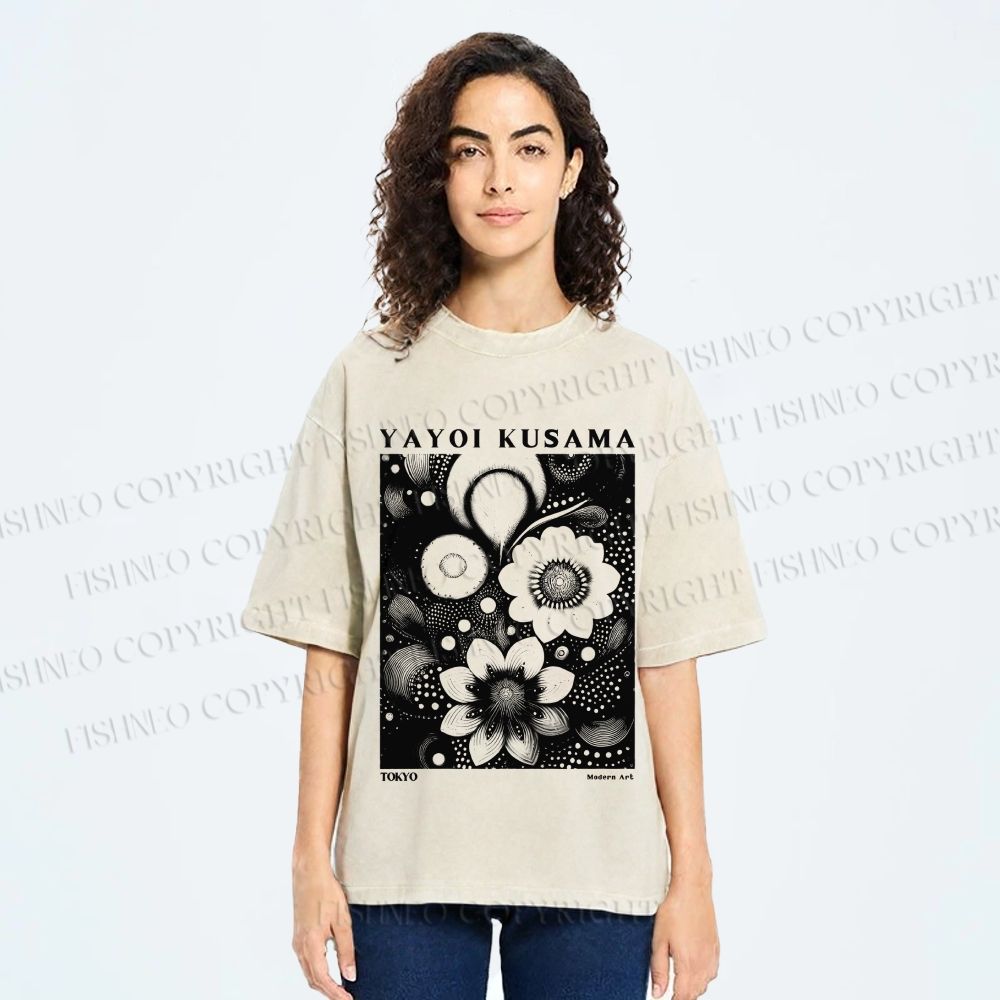 Unisex Yayoi Kusama Black Flowers Printed Washed Tee