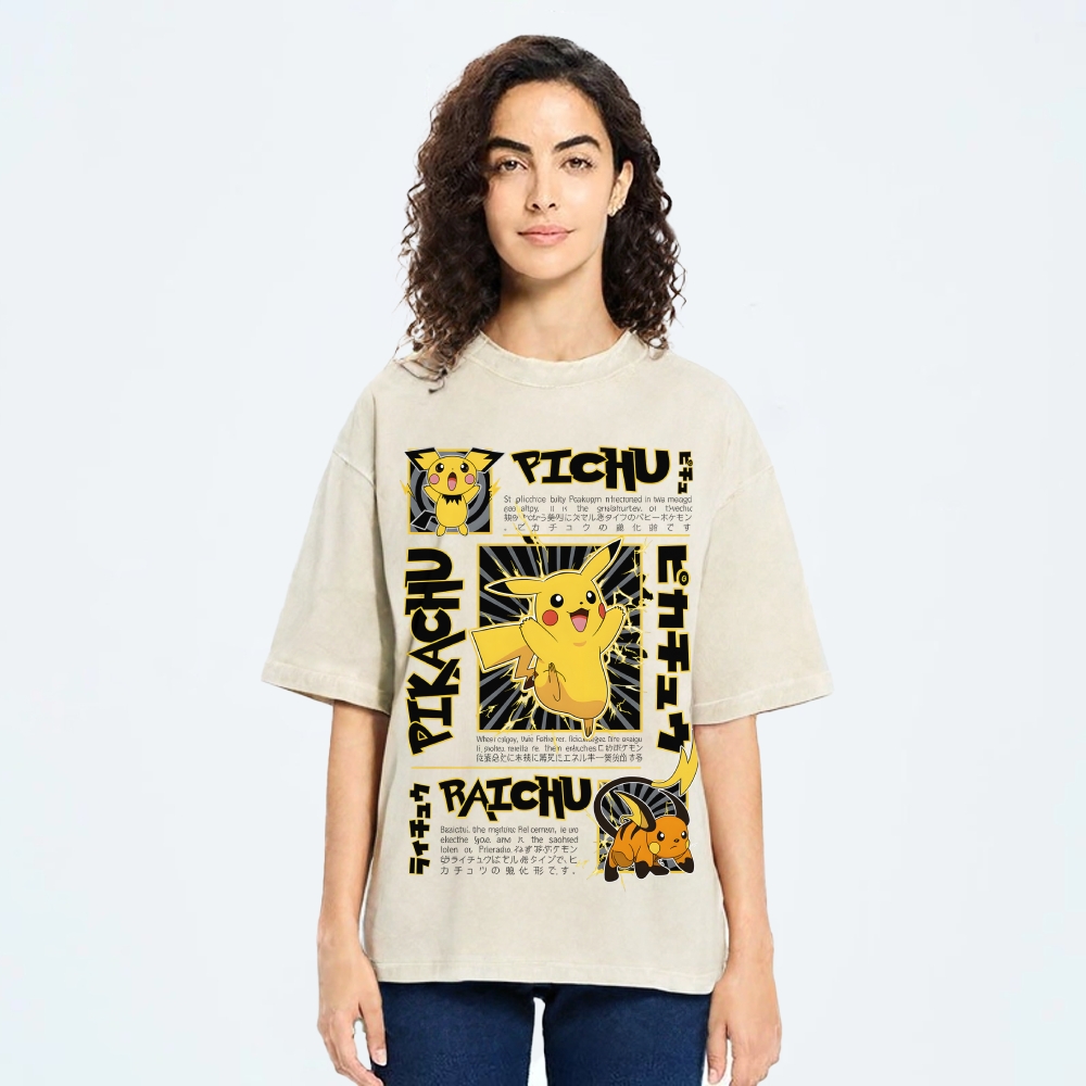 Pikachu Japanese Anime Monster Game Vintage Washed T-shirt
