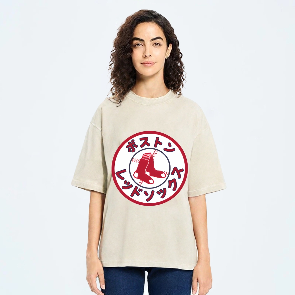 Boston Red Socks Baseball Vintage Wash Japanese Design T-Shirt