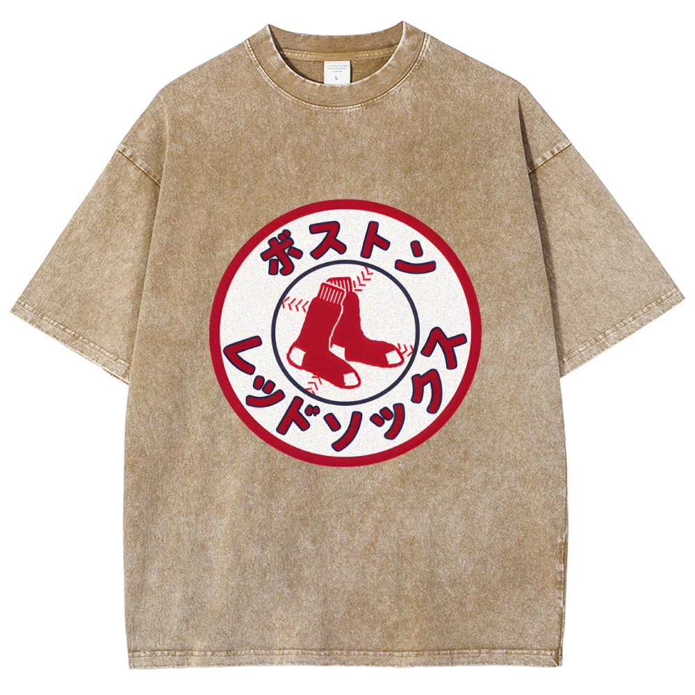 Boston Red Socks Baseball Vintage Wash Japanese Design T-Shirt