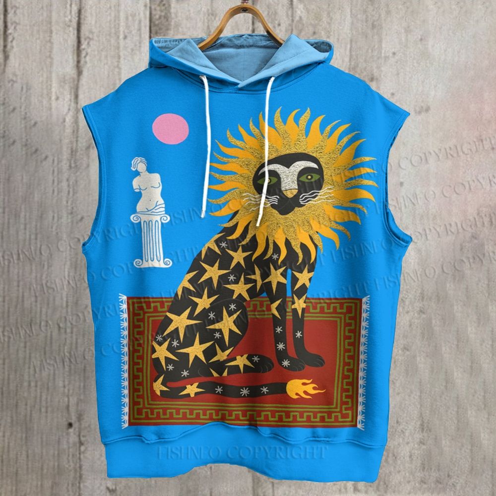 Unisex Sun Lion Printed Sleeveless Hoodie