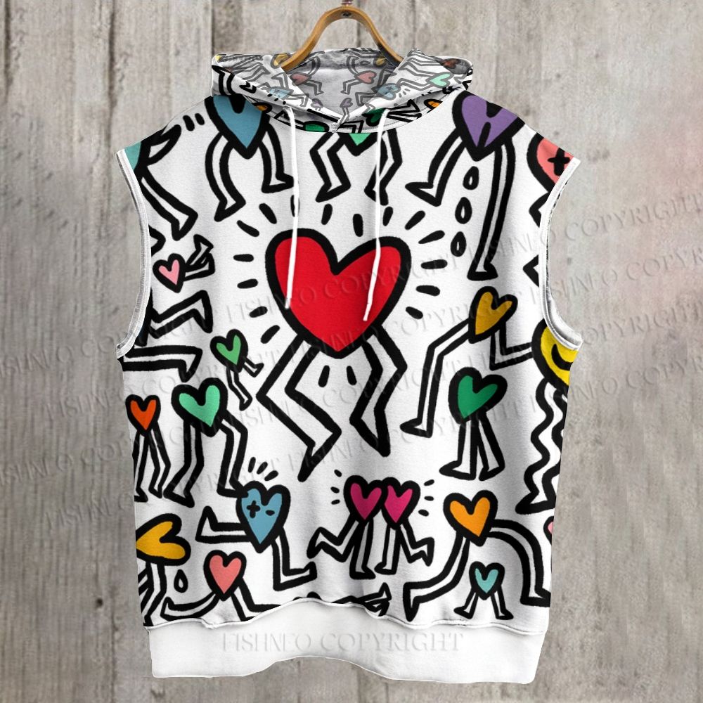 Unisex Keith Haring Inspired Heart Printed Sleeveless Hoodie