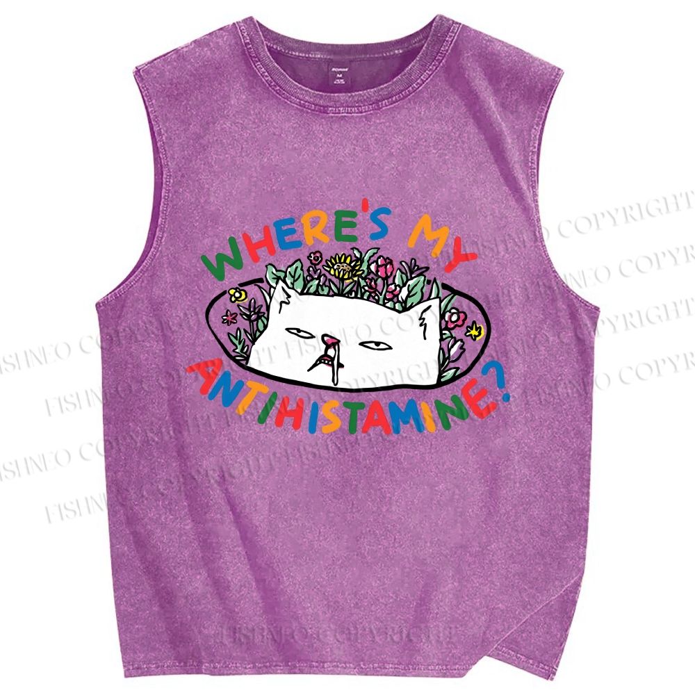 Unisex Where's My Antihistamine? Cat Printed Washed Tank Top