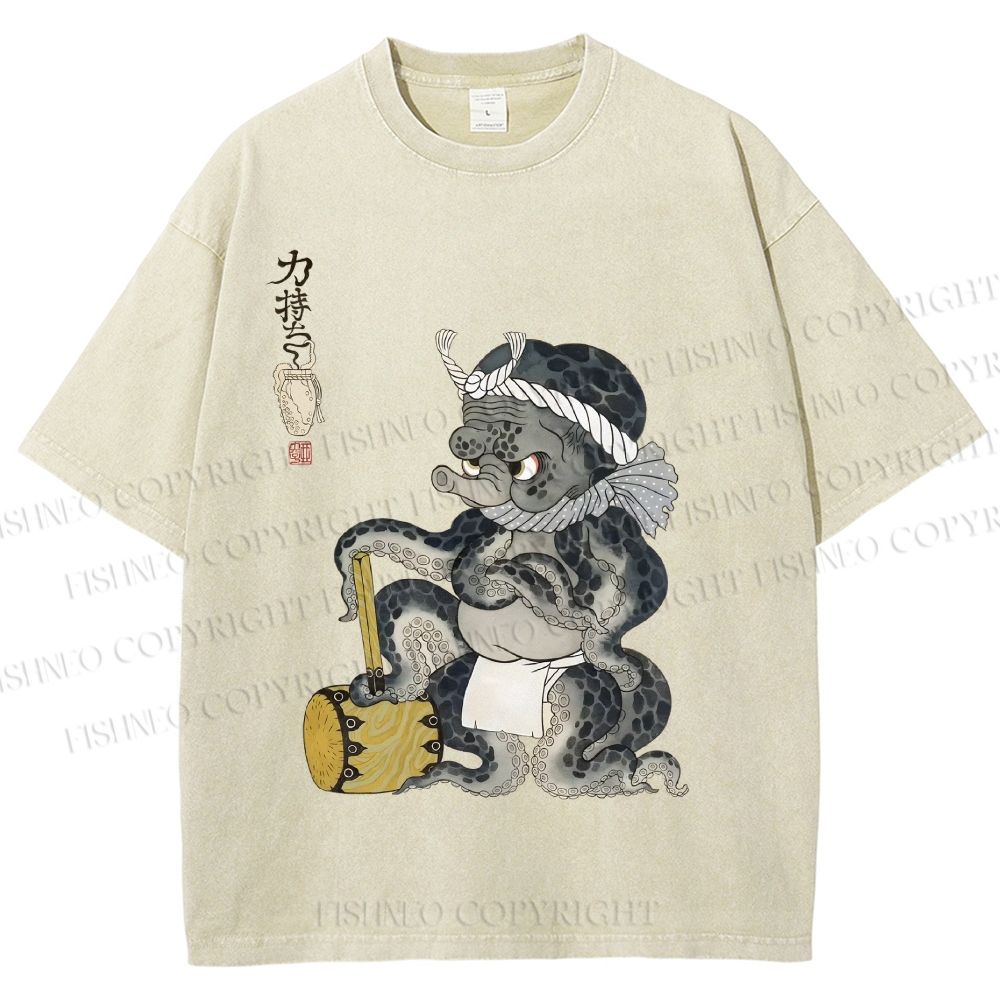Unisex Muscular Octopus Printed Washed Tee