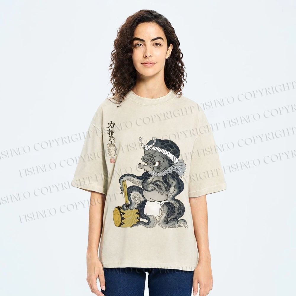 Unisex Muscular Octopus Printed Washed Tee