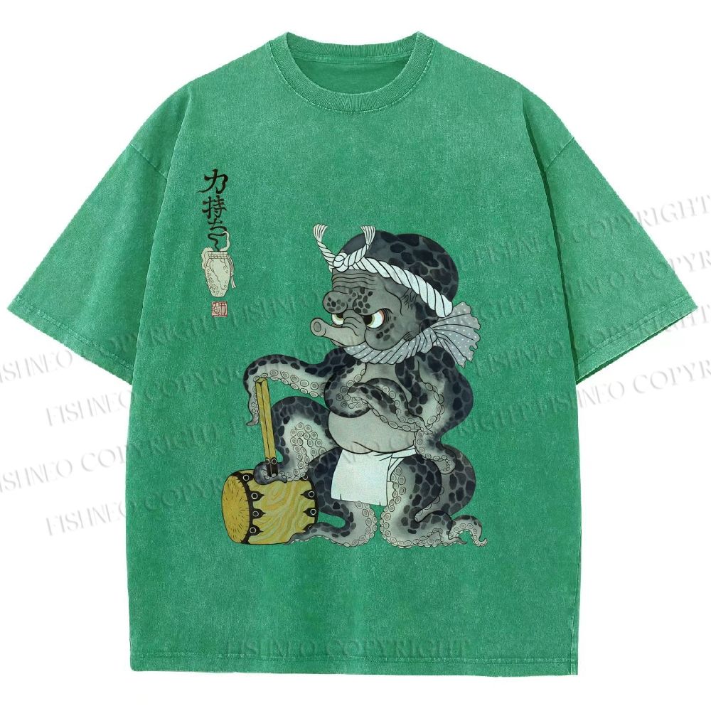 Unisex Muscular Octopus Printed Washed Tee