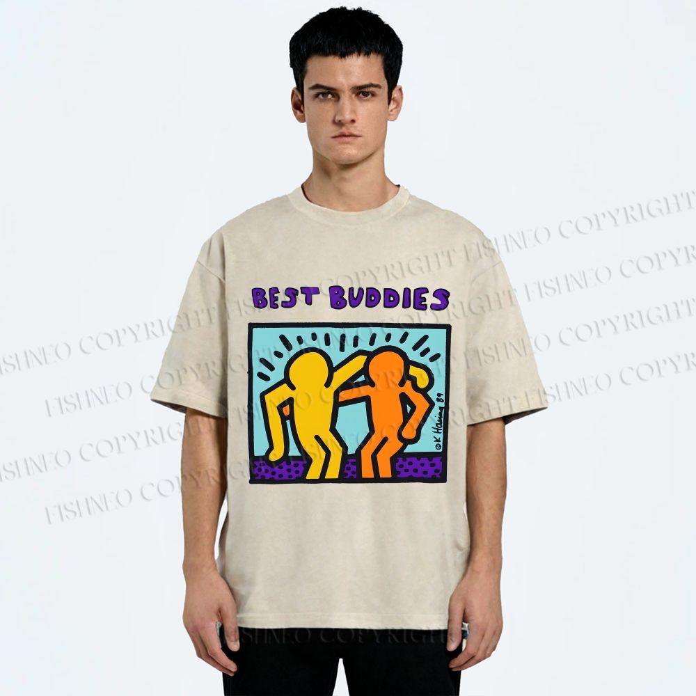 Unisex Keith Haring Best Buddies Printed Washed Tee