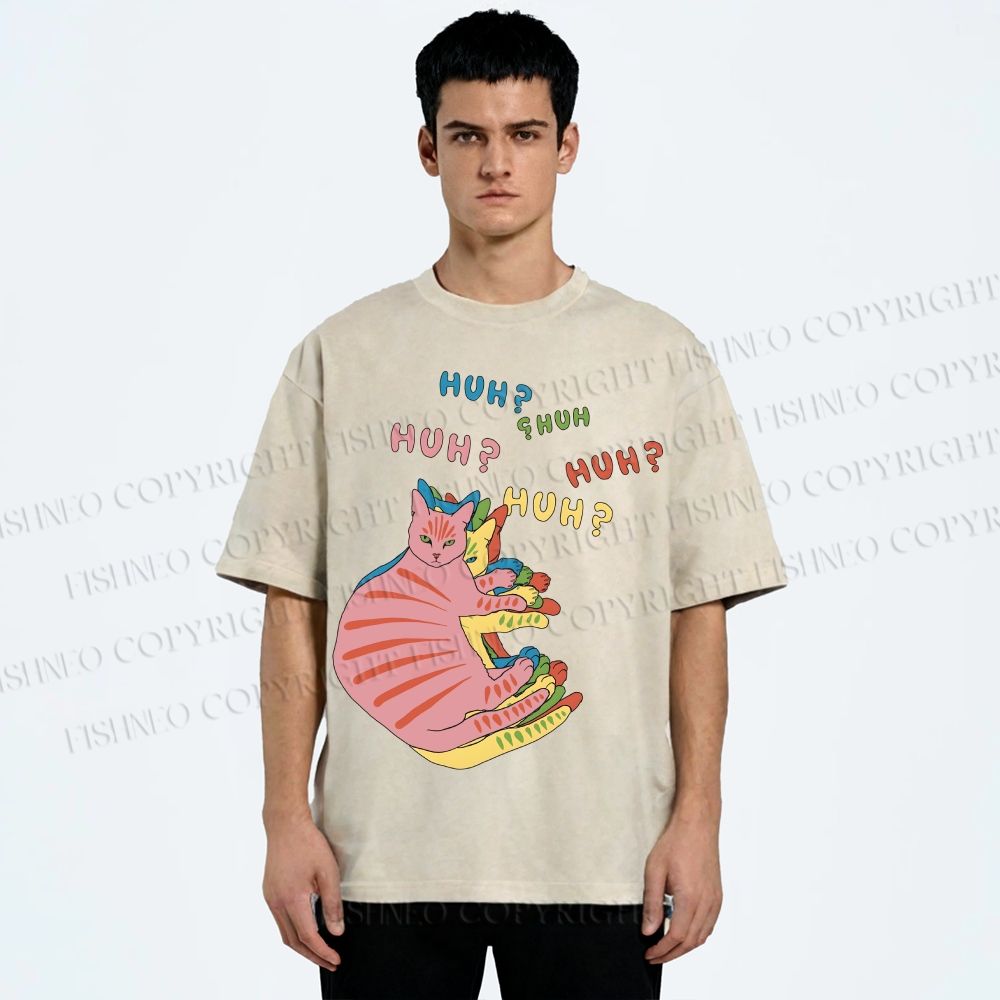 Unisex  HUH? Cat Printed Washed Tee