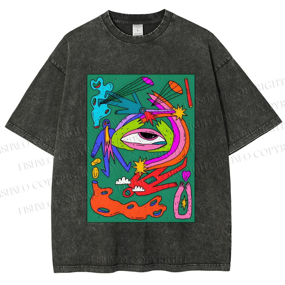 Unisex Multicolor Weird Eye Graffiti Printed Washed Tee